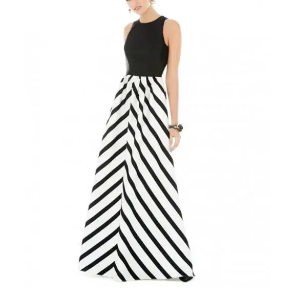 ALFRED SUNG | Dresses | Alfred Sung Satin Aline Gown Stripe D77p Dress 4  Black Ivory White Sleeveless | Poshmark